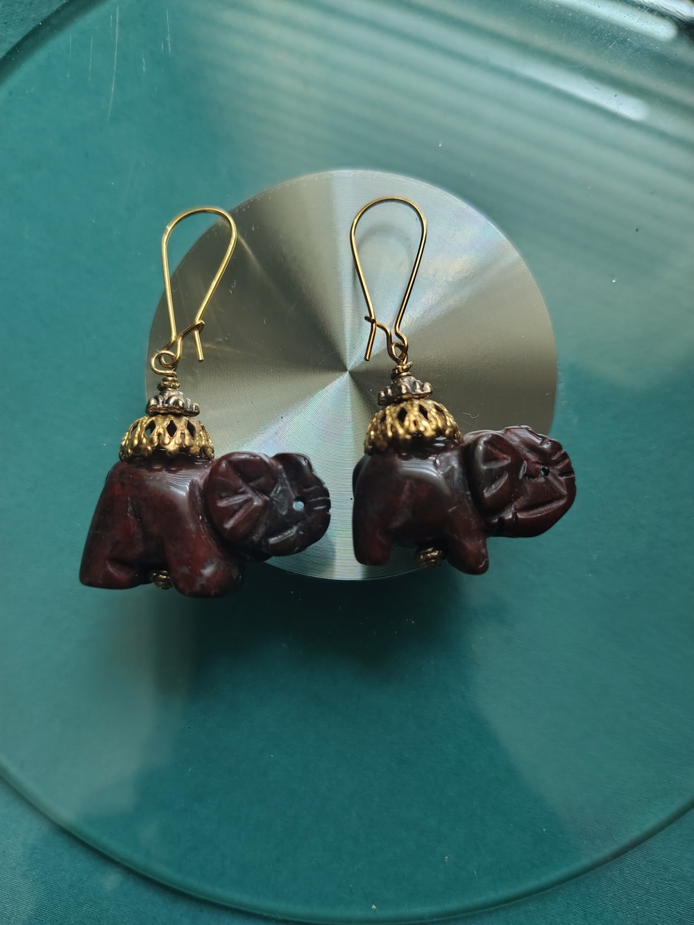 Gold-Capped Red Jasper Elephant Drop Earrings